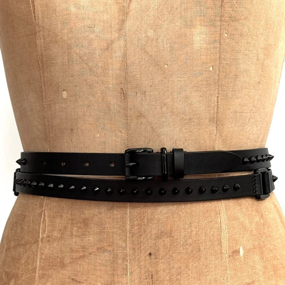 Barbara Bui Black Skinny Spiked Double Wrap Belt Size 90